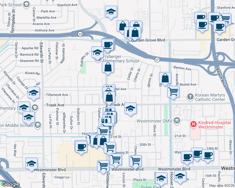 map of restaurants, bars, coffee shops, grocery stores, and more near 13401 Shooting Star Circle in Westminster