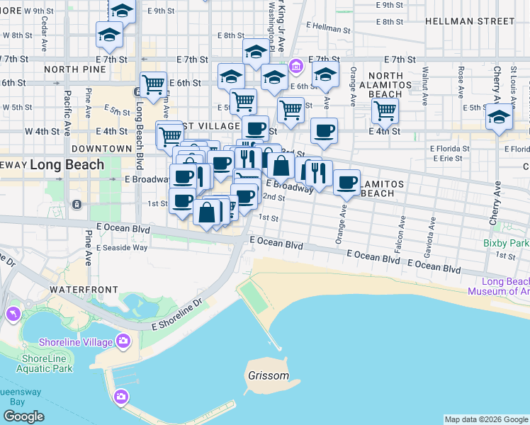 map of restaurants, bars, coffee shops, grocery stores, and more near 833 East 1st Street in Long Beach