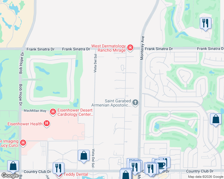 map of restaurants, bars, coffee shops, grocery stores, and more near 4 Terra Vista Court in Rancho Mirage