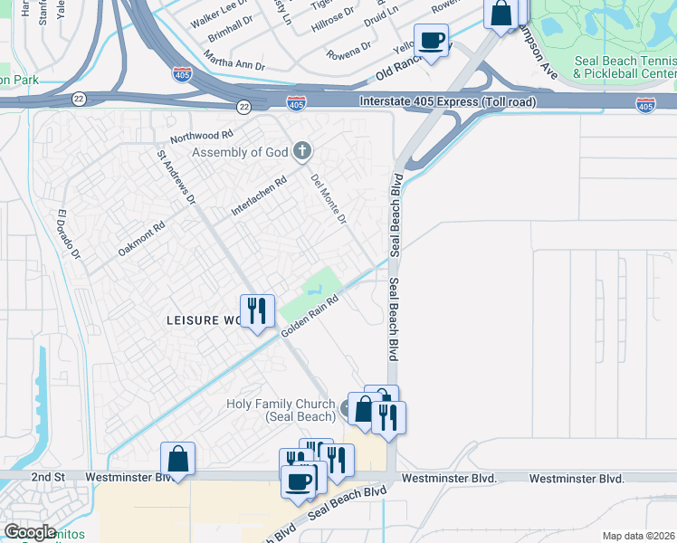 map of restaurants, bars, coffee shops, grocery stores, and more near 1841 Golden Rain Road in Seal Beach