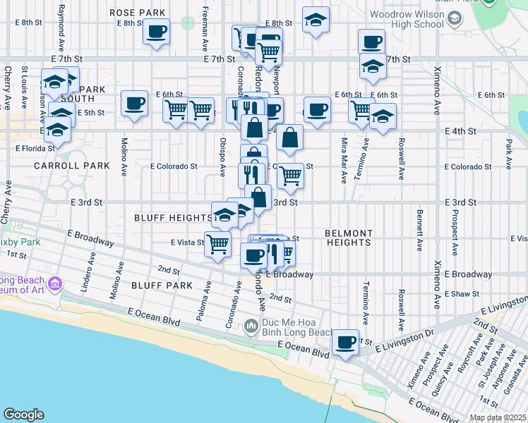 map of restaurants, bars, coffee shops, grocery stores, and more near 282 Redondo Avenue in Long Beach