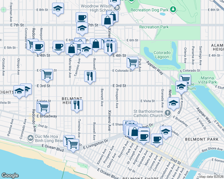 map of restaurants, bars, coffee shops, grocery stores, and more near in Long Beach
