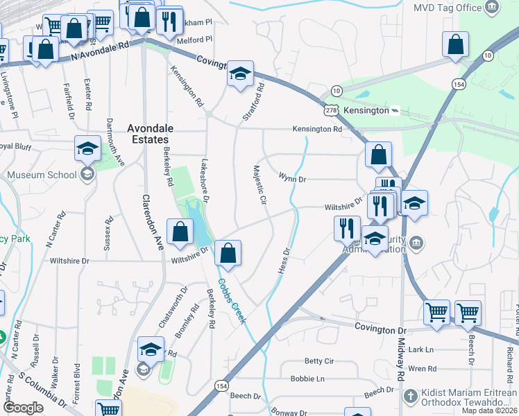 map of restaurants, bars, coffee shops, grocery stores, and more near 3096 Majestic Circle in Avondale Estates