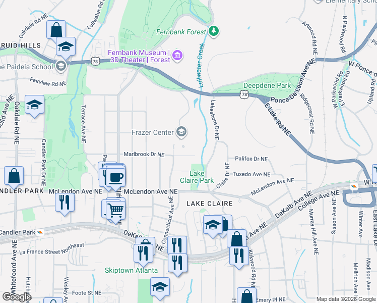 map of restaurants, bars, coffee shops, grocery stores, and more near 1854 Marlbrook Drive Northeast in Atlanta