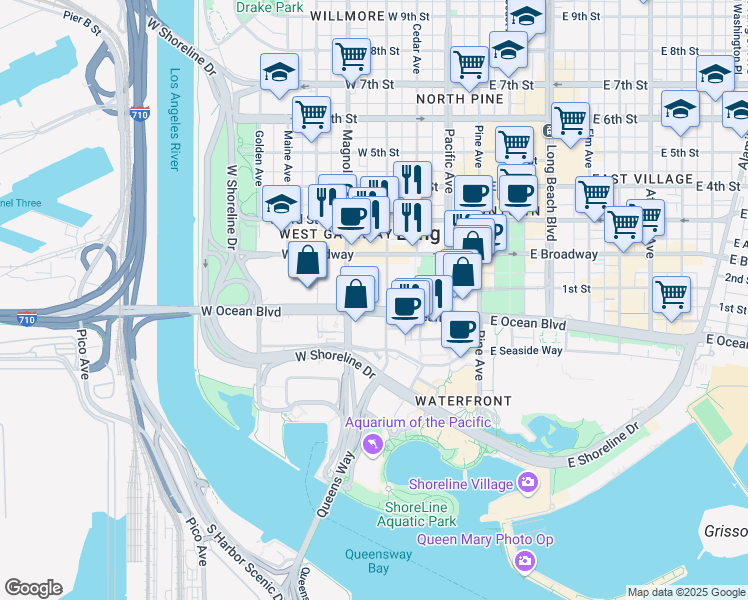 map of restaurants, bars, coffee shops, grocery stores, and more near 415 West Ocean Boulevard in Long Beach