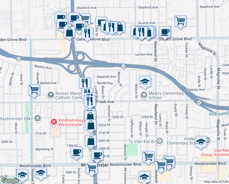 map of restaurants, bars, coffee shops, grocery stores, and more near 13401 Wynant Drive in Garden Grove