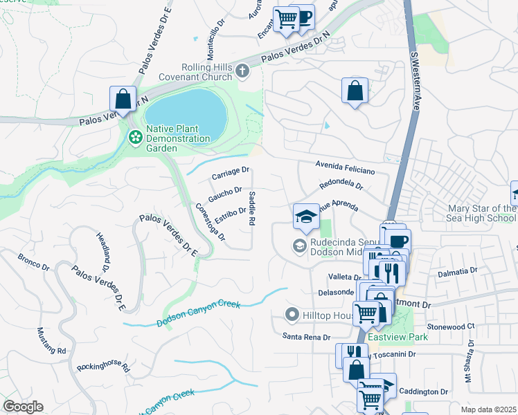 map of restaurants, bars, coffee shops, grocery stores, and more near 27658 Saddle Road in Palos Verdes Peninsula