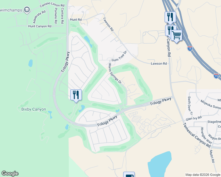 map of restaurants, bars, coffee shops, grocery stores, and more near 24247 Songsparrow Lane in Corona