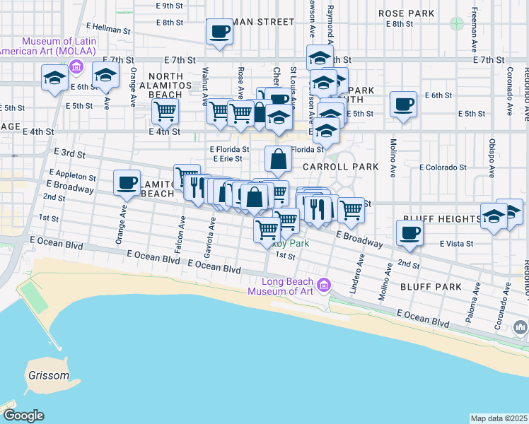 map of restaurants, bars, coffee shops, grocery stores, and more near in Long Beach