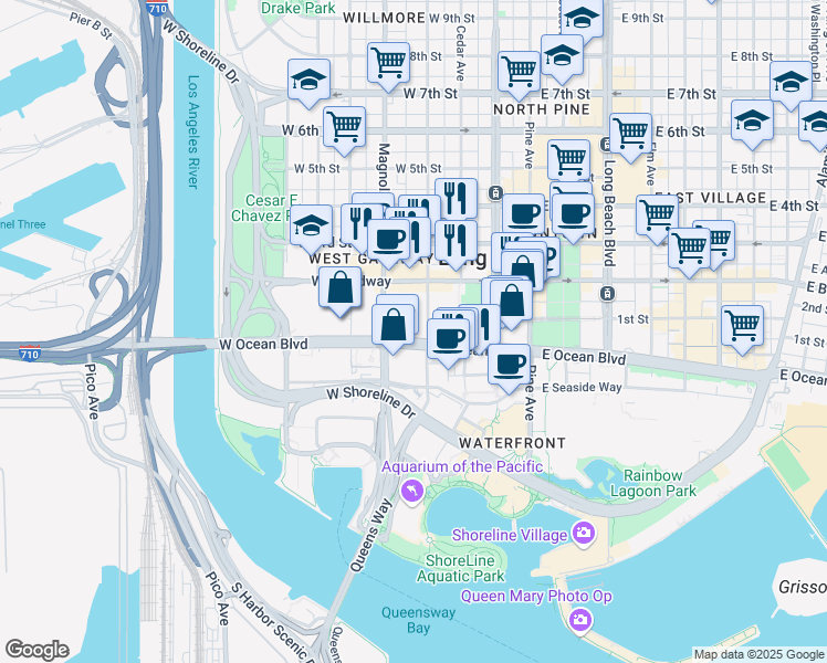 map of restaurants, bars, coffee shops, grocery stores, and more near 415 West Ocean Boulevard in Long Beach