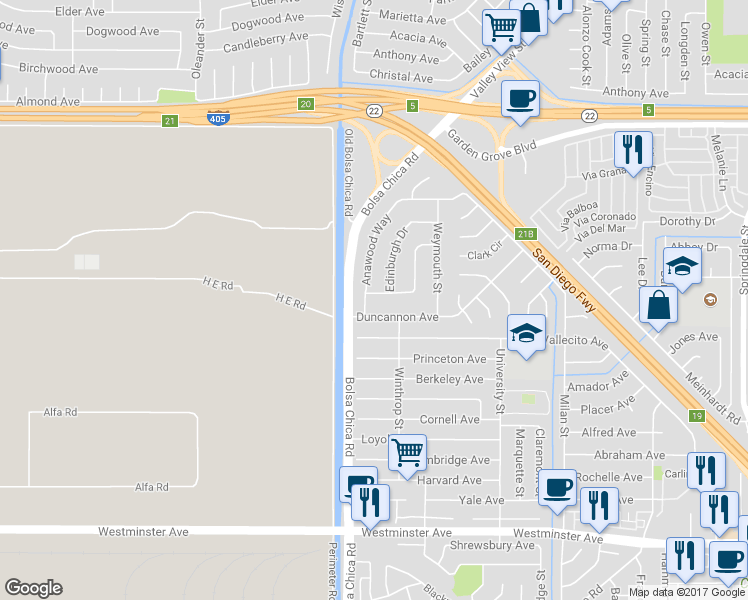 map of restaurants, bars, coffee shops, grocery stores, and more near 5042 Cumberland Avenue in Westminster