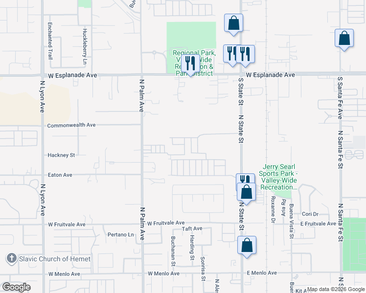 map of restaurants, bars, coffee shops, grocery stores, and more near 1097 State Street in Hemet