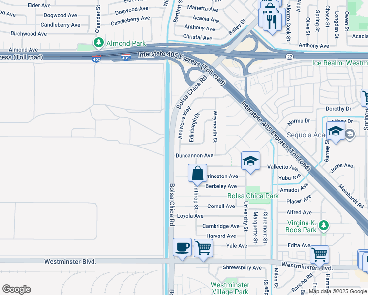 map of restaurants, bars, coffee shops, grocery stores, and more near 5042 Cumberland Avenue in Westminster
