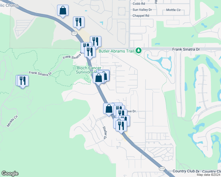 map of restaurants, bars, coffee shops, grocery stores, and more near 69850 California 111 in Rancho Mirage