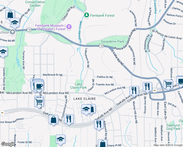 map of restaurants, bars, coffee shops, grocery stores, and more near 508 Claire Drive Northeast in Atlanta