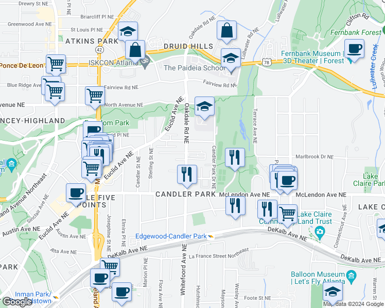 map of restaurants, bars, coffee shops, grocery stores, and more near 485 Oakdale Road Northeast in Atlanta
