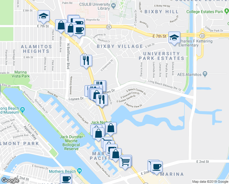 map of restaurants, bars, coffee shops, grocery stores, and more near 6207 East Sea Breeze Drive in Long Beach