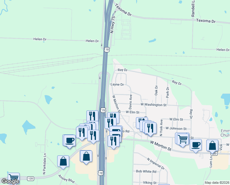 map of restaurants, bars, coffee shops, grocery stores, and more near 2925 West Parnell Street in Denison