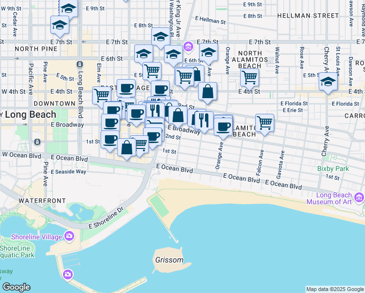 map of restaurants, bars, coffee shops, grocery stores, and more near in Long Beach