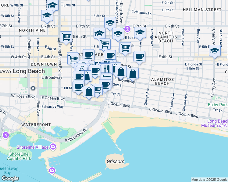 map of restaurants, bars, coffee shops, grocery stores, and more near 833 East 1st Street in Long Beach