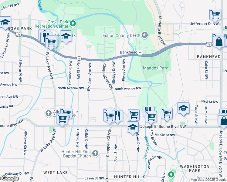 map of restaurants, bars, coffee shops, grocery stores, and more near 1360 North Avenue Northwest in Atlanta