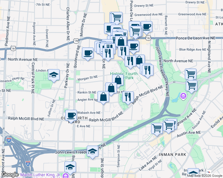 map of restaurants, bars, coffee shops, grocery stores, and more near 476 Wilmer Street Northeast in Atlanta