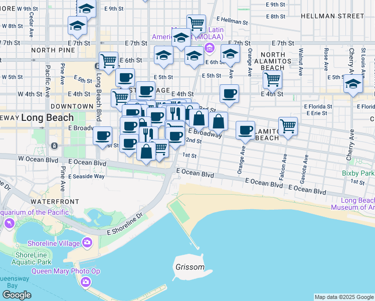 map of restaurants, bars, coffee shops, grocery stores, and more near 150 Alamitos Avenue in Long Beach