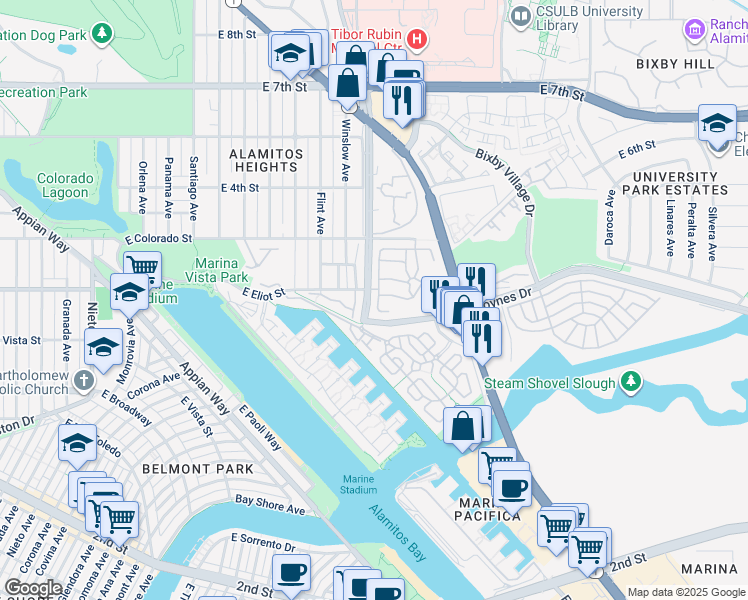map of restaurants, bars, coffee shops, grocery stores, and more near 317 Avenida Granada in Long Beach