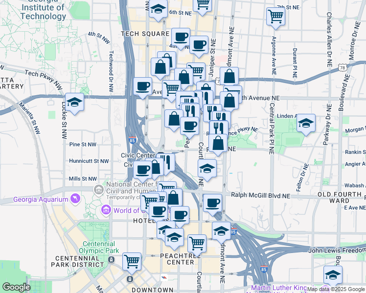 map of restaurants, bars, coffee shops, grocery stores, and more near 550 Peachtree Street Northeast in Atlanta