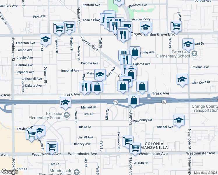 map of restaurants, bars, coffee shops, grocery stores, and more near 10852 Howard Dallies Junior Circle in Garden Grove