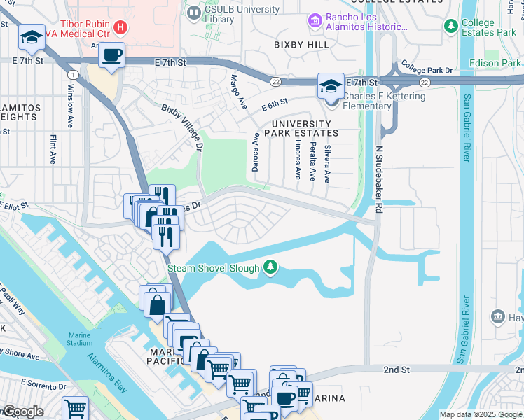 map of restaurants, bars, coffee shops, grocery stores, and more near 6260 East Sea Breeze Drive in Long Beach