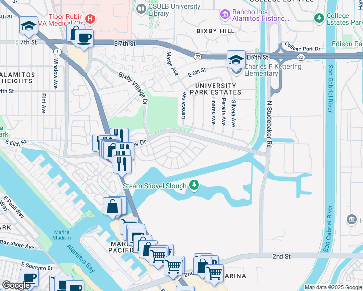 map of restaurants, bars, coffee shops, grocery stores, and more near 6245 East Beach Comber Drive in Long Beach