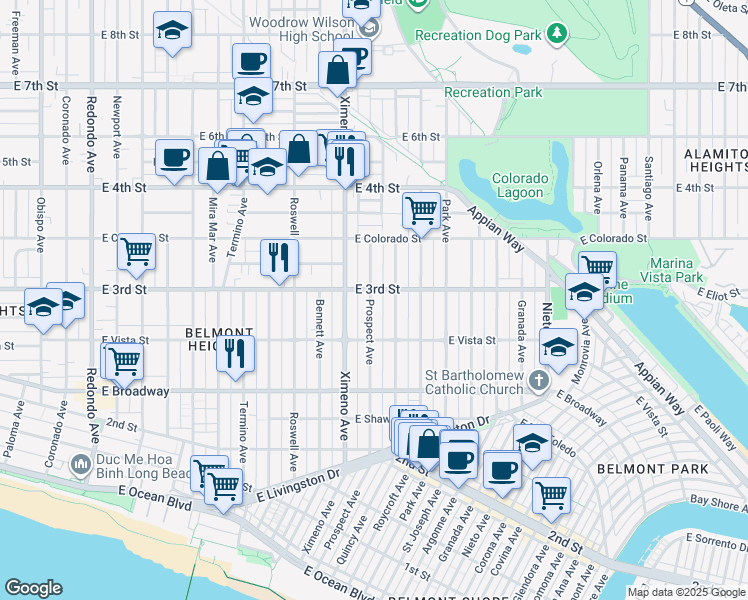 map of restaurants, bars, coffee shops, grocery stores, and more near 4518 East 3rd Street in Long Beach