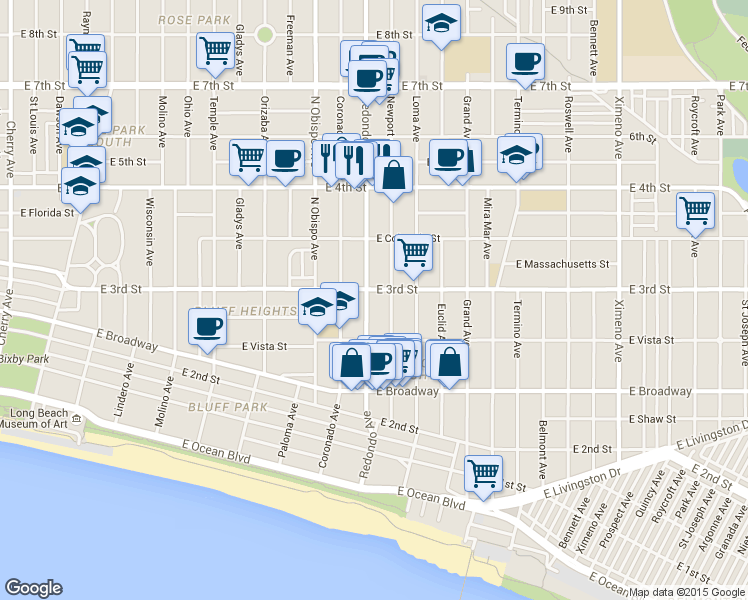 map of restaurants, bars, coffee shops, grocery stores, and more near in Long Beach