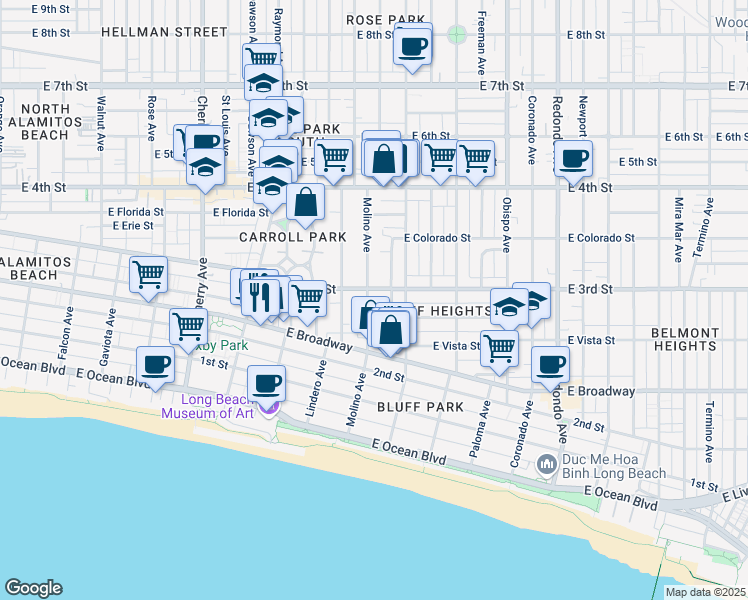 map of restaurants, bars, coffee shops, grocery stores, and more near 2622 East 3rd Street in Long Beach