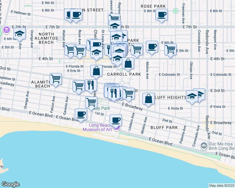 map of restaurants, bars, coffee shops, grocery stores, and more near 299 Kennebec Avenue in Long Beach