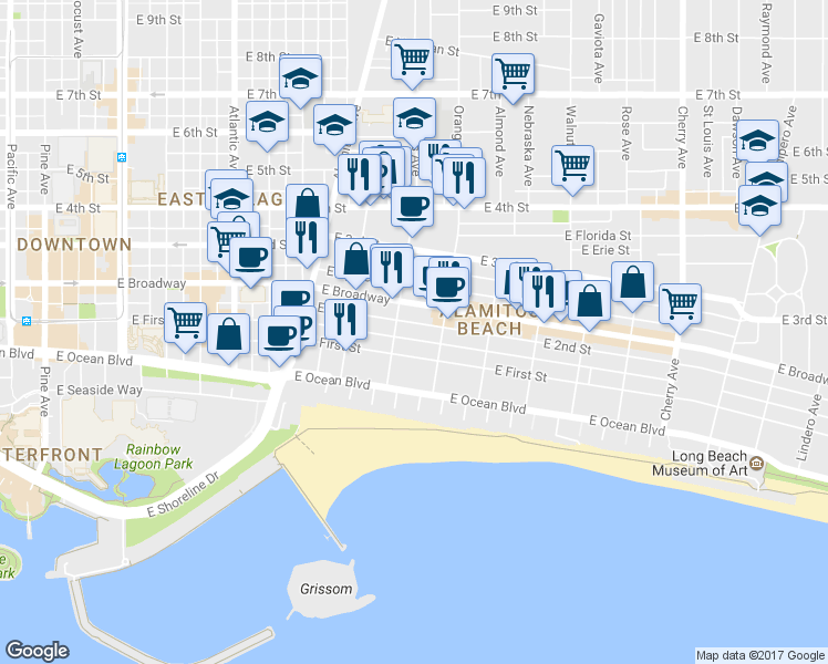 map of restaurants, bars, coffee shops, grocery stores, and more near 1149 2nd Street in Long Beach