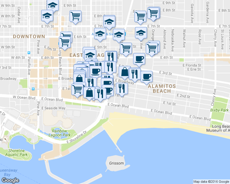map of restaurants, bars, coffee shops, grocery stores, and more near 150 Alamitos Avenue in Long Beach