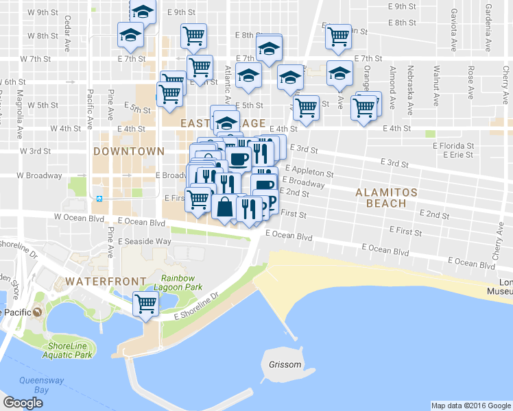 map of restaurants, bars, coffee shops, grocery stores, and more near 700 Lime Avenue in Long Beach