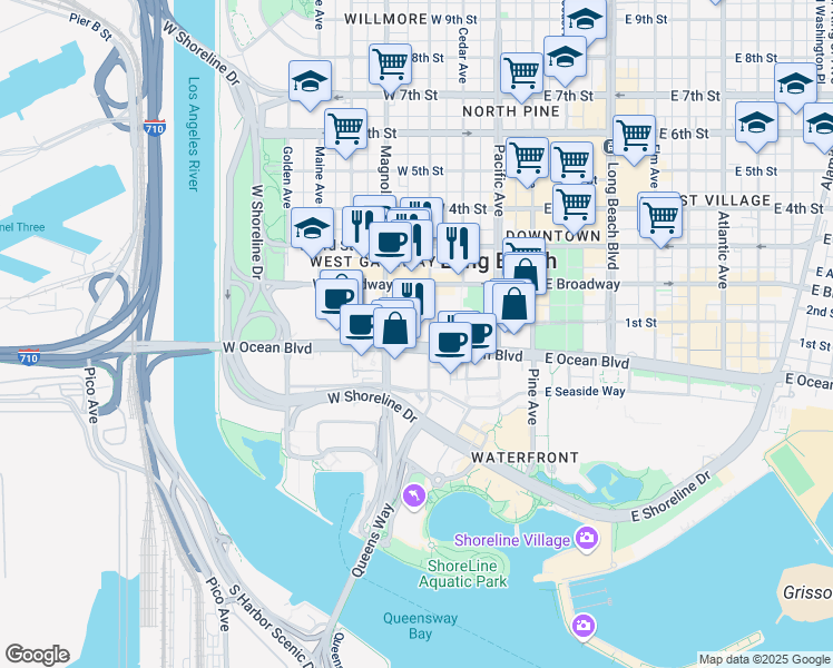 map of restaurants, bars, coffee shops, grocery stores, and more near in Long Beach