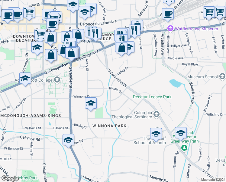 map of restaurants, bars, coffee shops, grocery stores, and more near 204 Shadowmoor Drive in Decatur