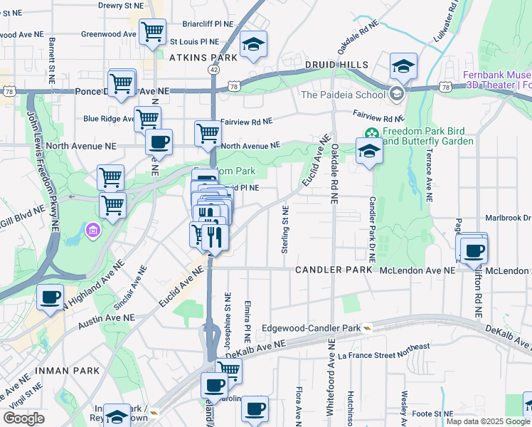 map of restaurants, bars, coffee shops, grocery stores, and more near 1249 Mansfield Avenue Northeast in Atlanta