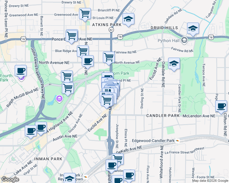 map of restaurants, bars, coffee shops, grocery stores, and more near 1206 Mansfield Avenue Northeast in Atlanta
