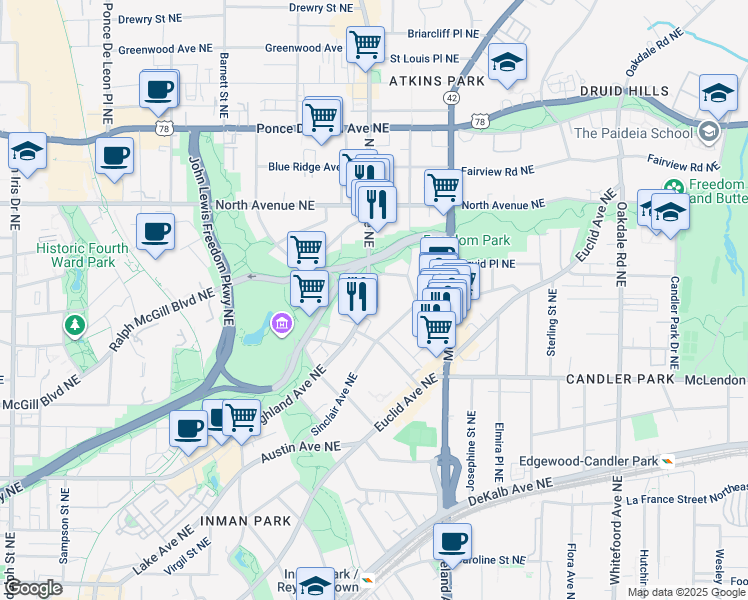 map of restaurants, bars, coffee shops, grocery stores, and more near 507 North Highland Avenue Northeast in Atlanta