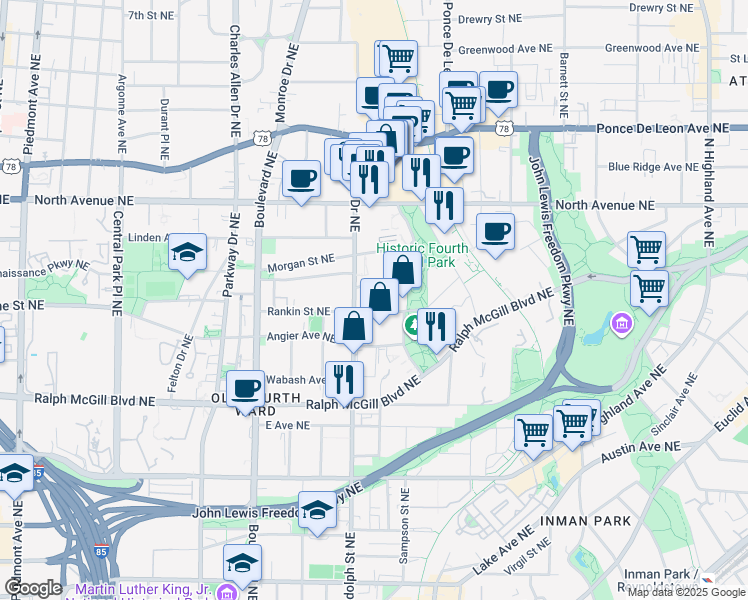 map of restaurants, bars, coffee shops, grocery stores, and more near 495 Glen Iris Drive Northeast in Atlanta