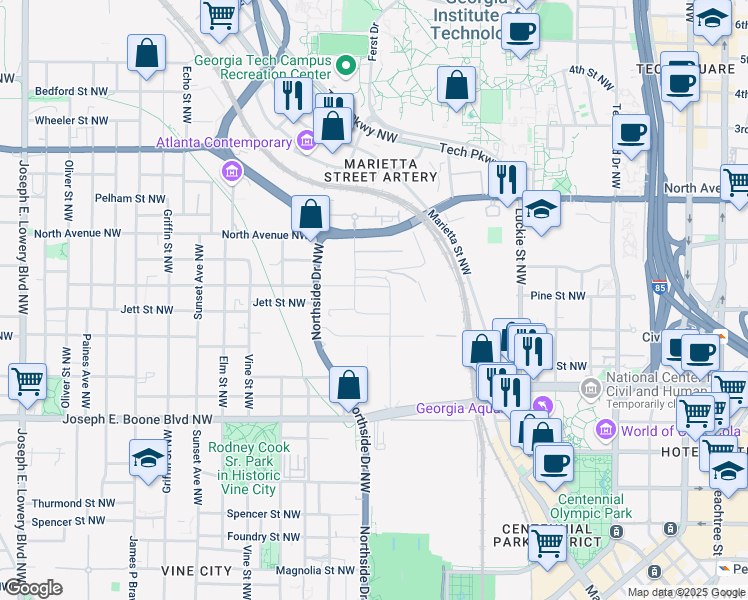 map of restaurants, bars, coffee shops, grocery stores, and more near 417 Cameron Madison Alexander Boulevard Northwest in Atlanta