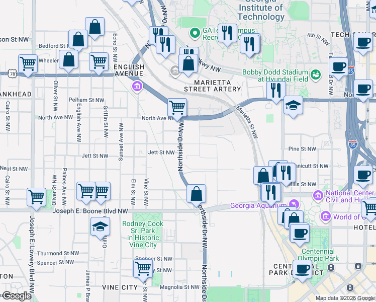 map of restaurants, bars, coffee shops, grocery stores, and more near 482-538 Cameron Madison Alexander Blvd NW in Atlanta