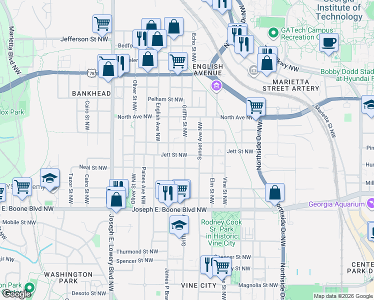 map of restaurants, bars, coffee shops, grocery stores, and more near 720 Cameron Madison Alexander Boulevard Northwest in Atlanta