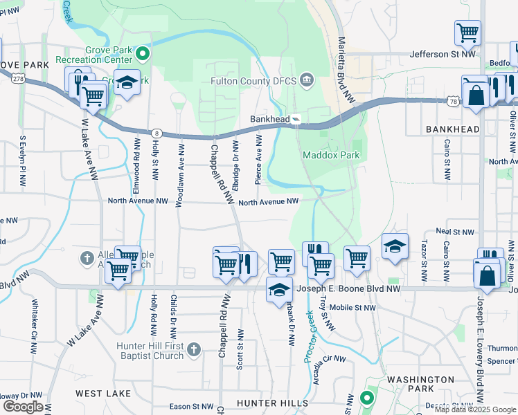 map of restaurants, bars, coffee shops, grocery stores, and more near 1324 North Avenue Northwest in Atlanta