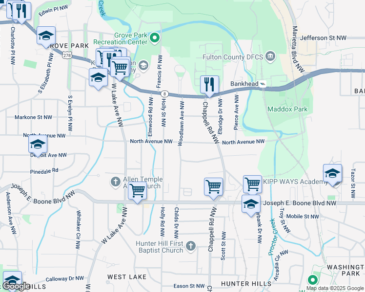 map of restaurants, bars, coffee shops, grocery stores, and more near 1472 North Avenue Northwest in Atlanta